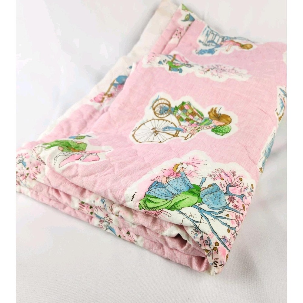 Vtg RARE Holly Hobbie Quilted Pink Fabric American Greetings Manes 44"x100"